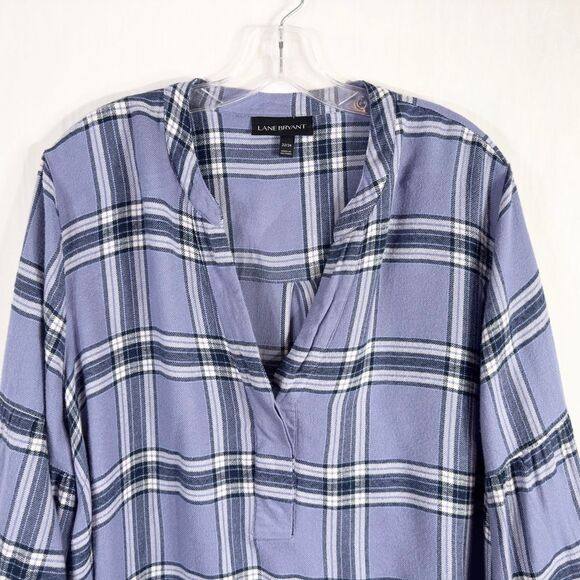 Lane Bryant Plus Size 22 24 Top Plaid Blue Soft Bishop Sleeve V Neck‎ 493 - Picture 5 of 9